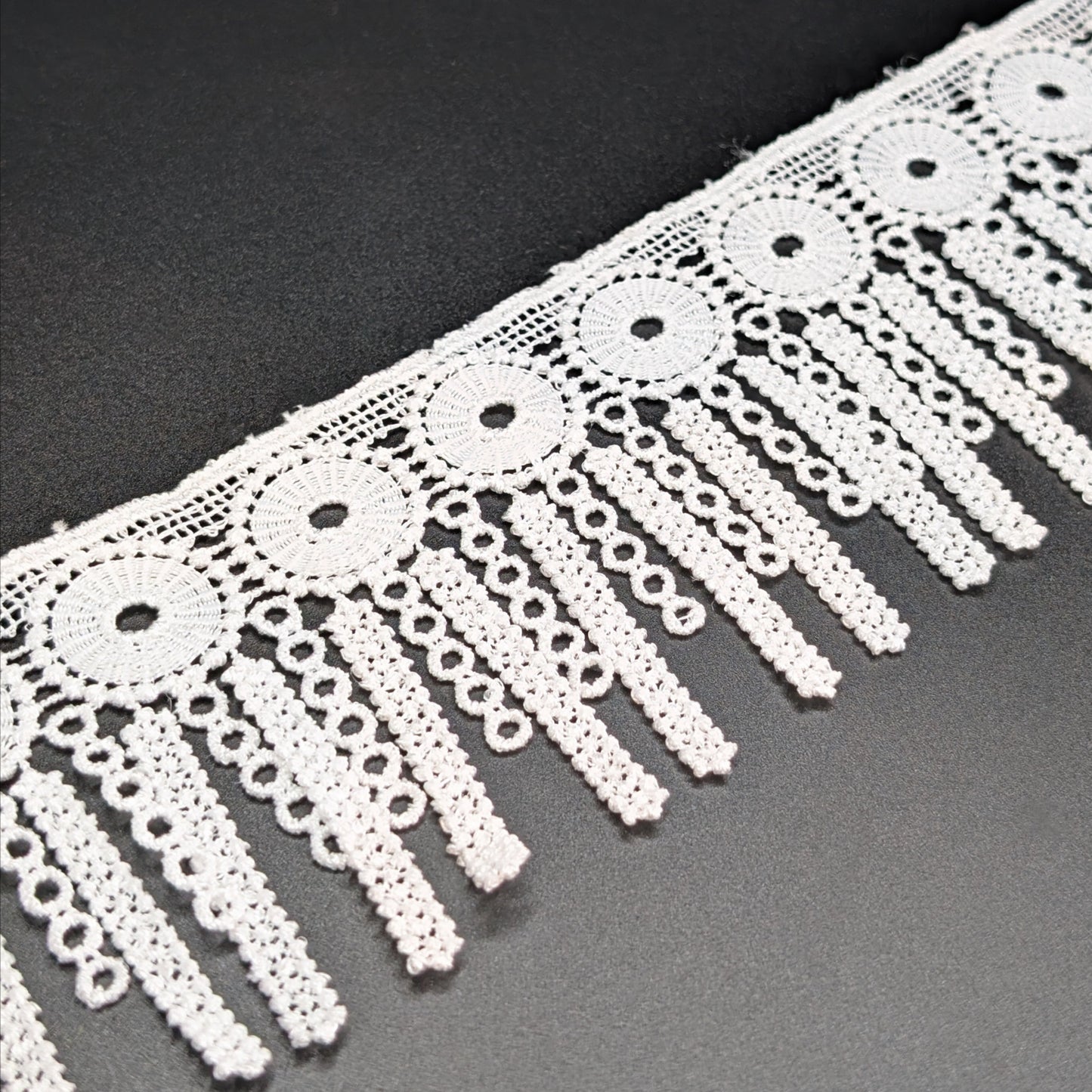 White Embroidered Geometric Tassel Straight Fringe Lace Trim