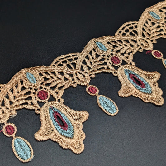 Rose Gold, Teal & Burgundy Floral Embroidered Lace Fringe