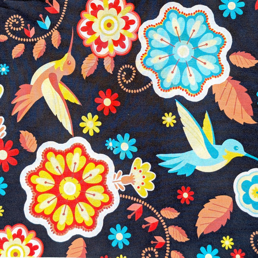 Black Hummingbird Technicolour Floral | 100% Cotton Fabric