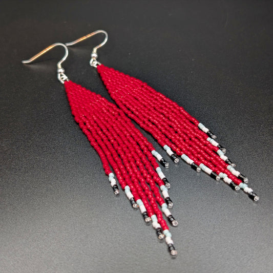 Red Beaded Small Fringe Earrings with White & Black Tips