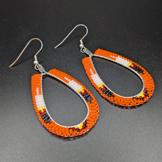Orange Beaded Tear Drop Dangling Earrings with Feather Motif