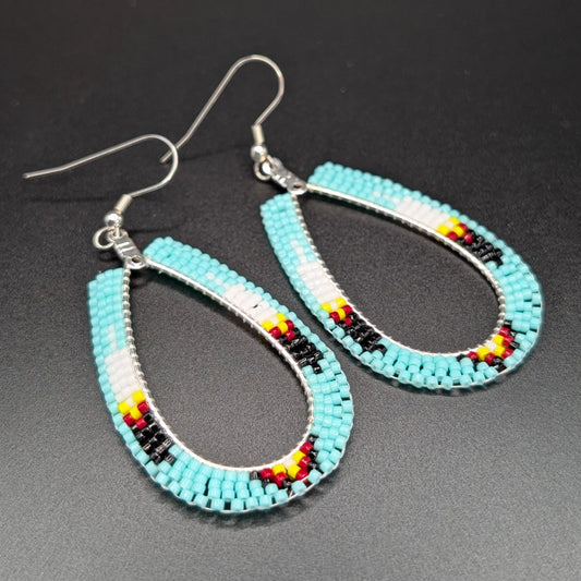 Teal Beaded Tear Drop Dangling Earrings with Feather Motif