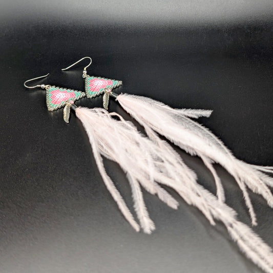 Beaded Light Pink Gradient Pendant with Silver Feather & Pale Pink Feather Dangling Earrings