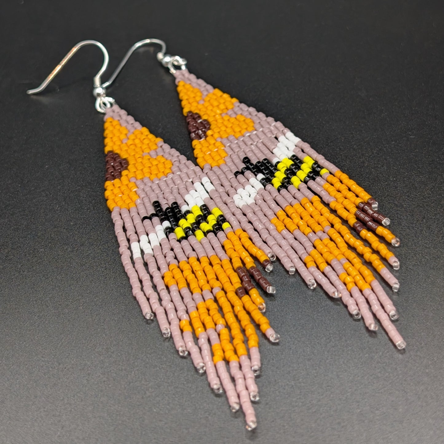 Yellow Bee and Orange Flower Beaded Lilac Fringe Earrings