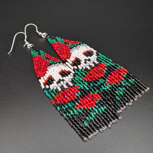 Skull with Red Flower Beaded Black Fringe Earrings