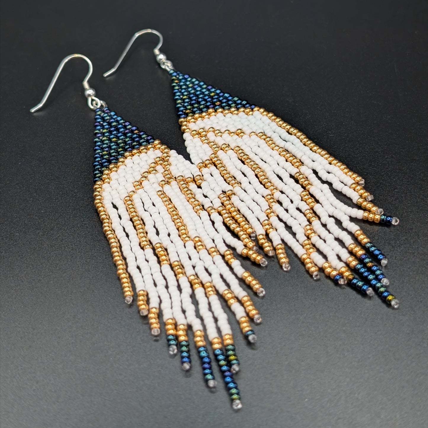 Gold & White Angel Wing Navy Iris Large Beaded Fringe Earrings