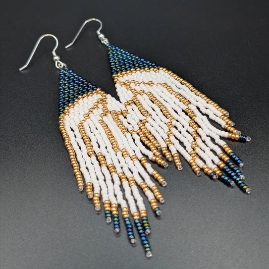 Gold & White Angel Wing Navy Iris Large Beaded Fringe Earrings