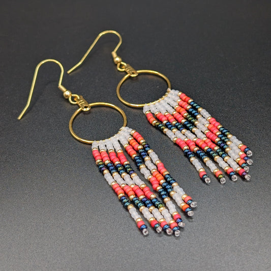 Chevron Matte Orange, Navy & Dangling Gold Hoop Beaded Small Fringe Earrings
