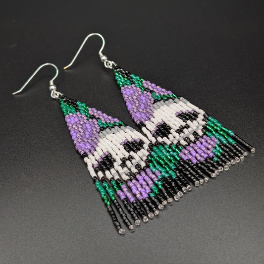 Skull with Purple Flower Fringe Beaded Earrings