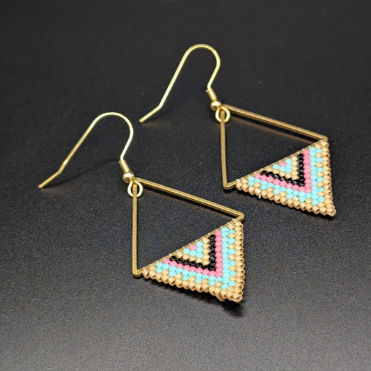 Geometric Teal, Gold & Pink Brass Triangle Beaded Earrings