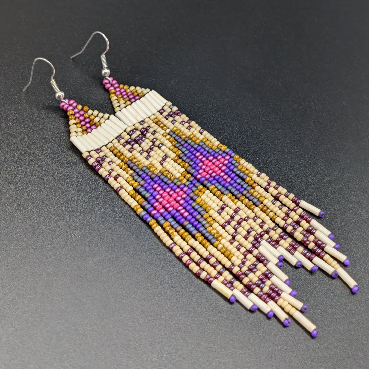 "Gold Cranberry Cream & Royal Purple" Starburst Fringe Earrings