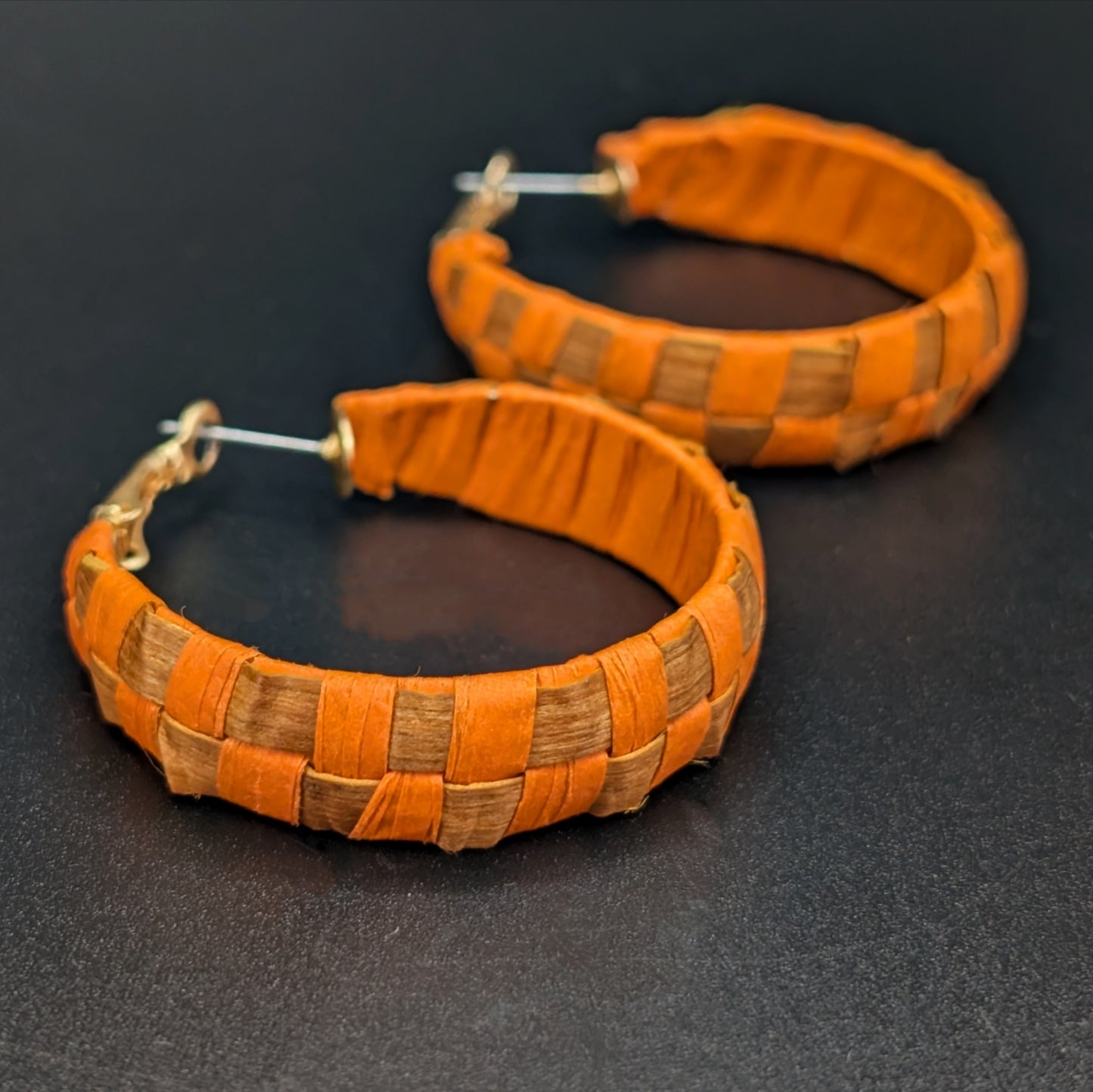 Orange Checkerboard Cedar Woven Hoop Earrings