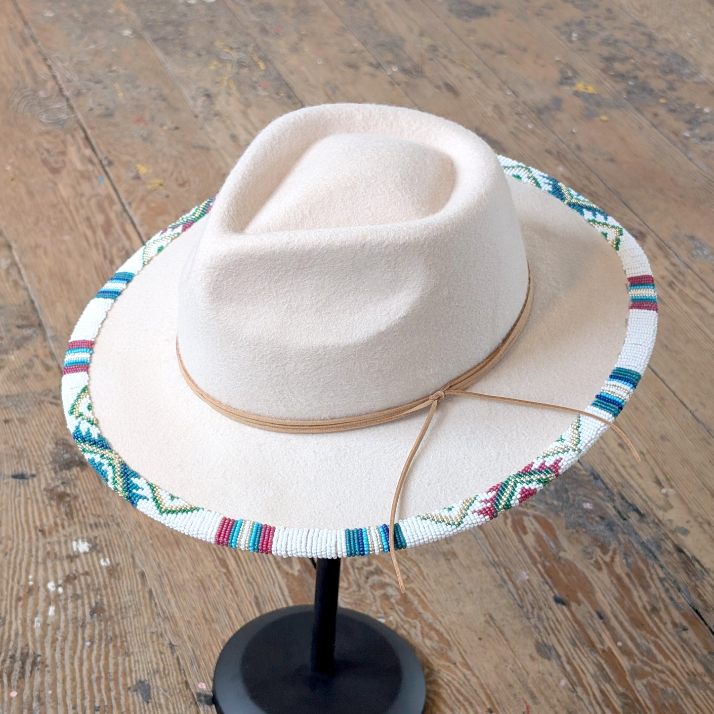 Cranberry & Teal Beaded Wool Wide Brimmed Beige Hat