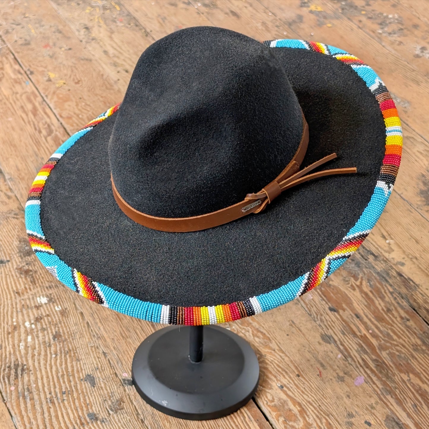 Turquoise Medicine Beaded Wool Wide Brimmed Black Hat