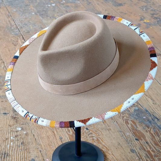 Copper & White Beaded Wool Wide Brimmed Light Brown Hat