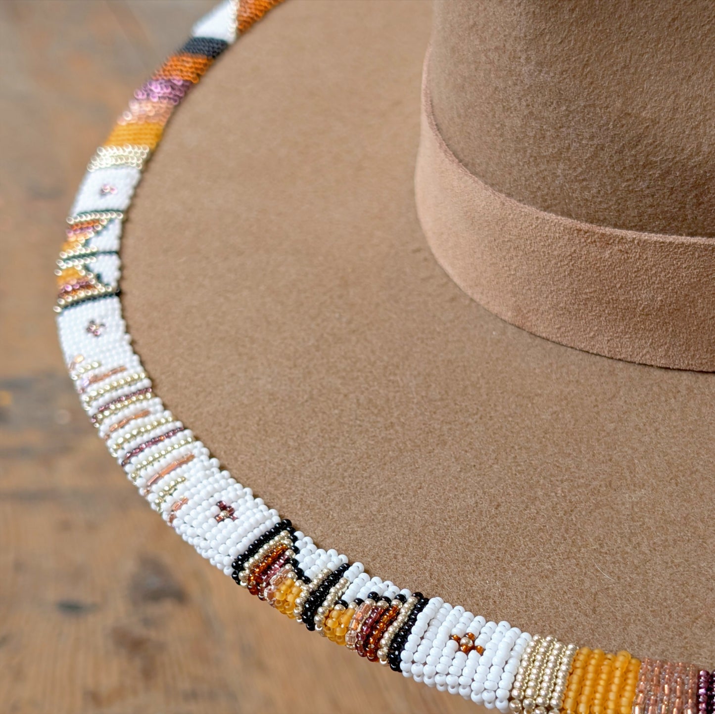 Copper & White Beaded Wool Wide Brimmed Light Brown Hat