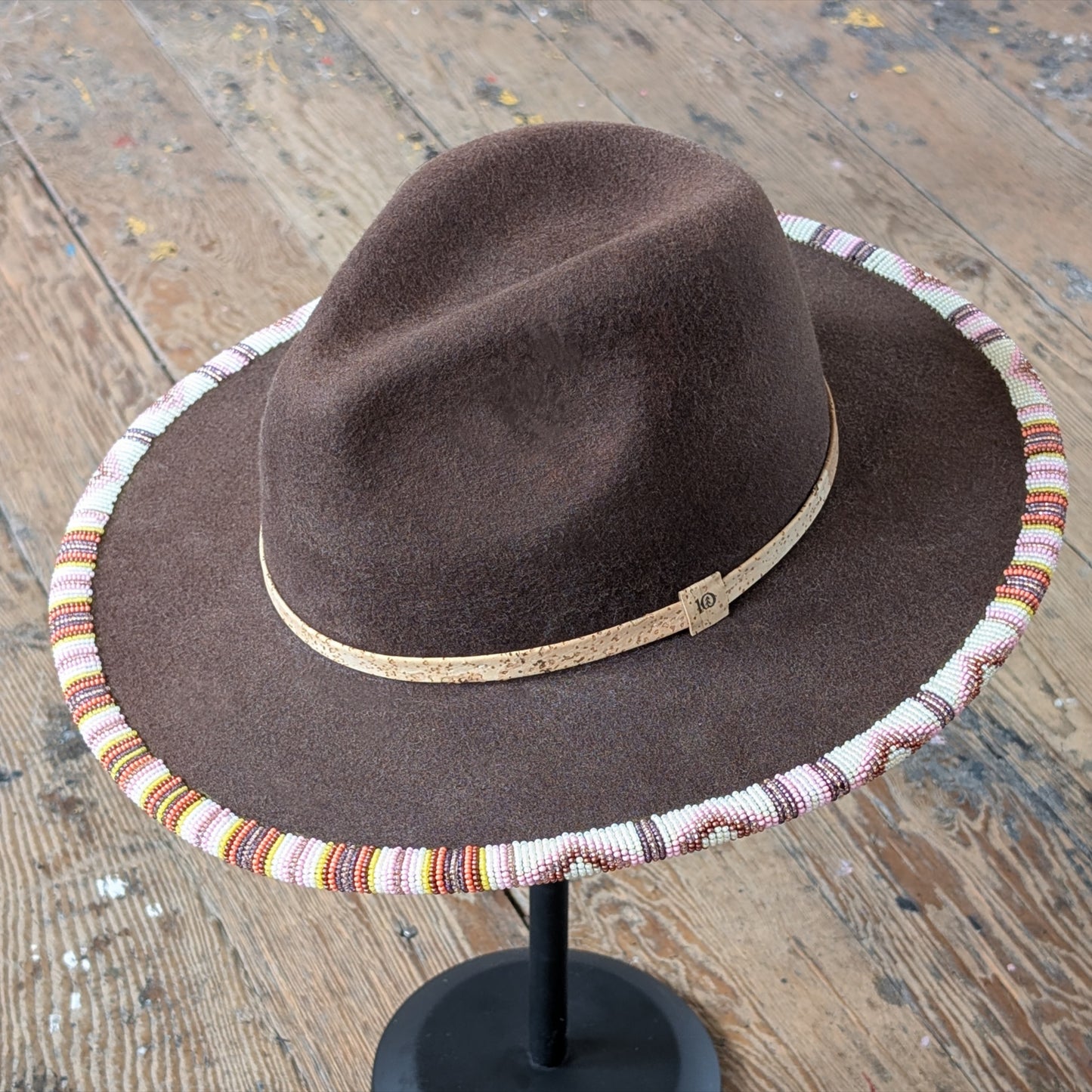 Copper & Pink Beaded Wool Wide Brimmed Brown Hat & Earring Set