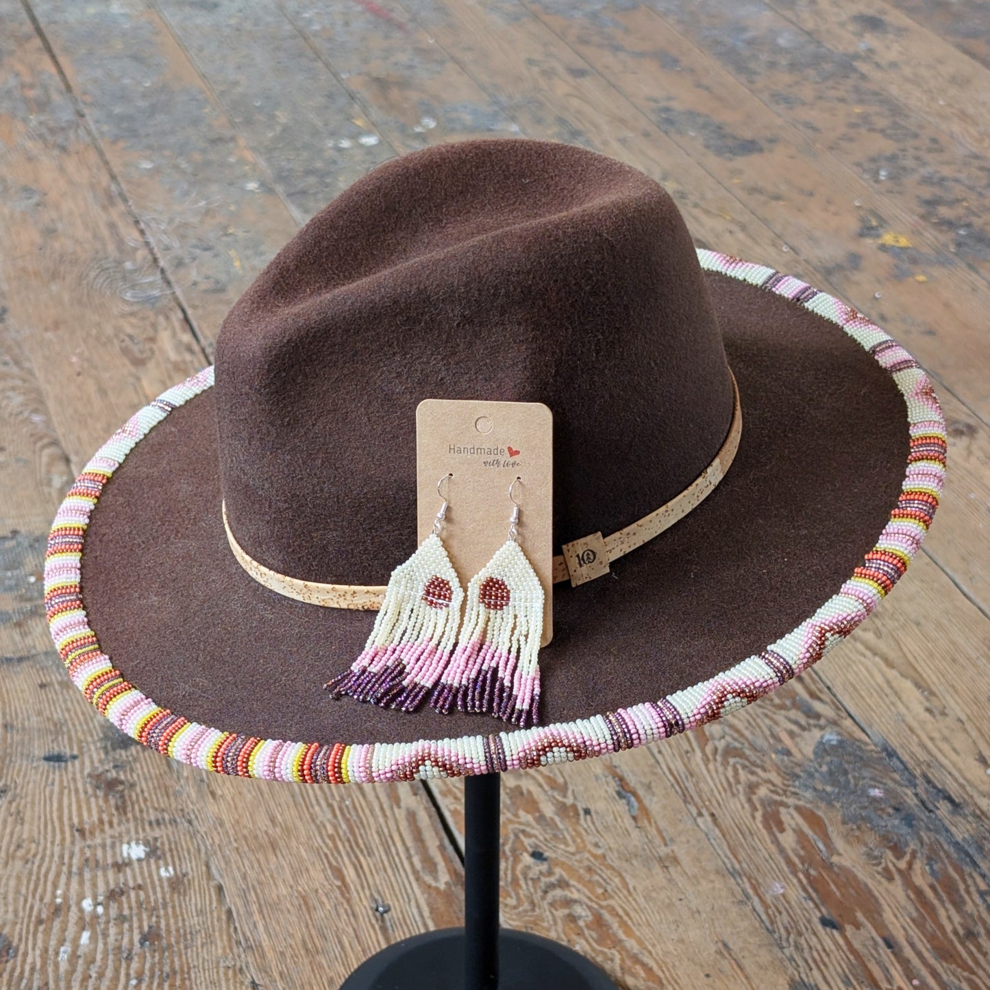 Copper & Pink Beaded Wool Wide Brimmed Brown Hat & Earring Set