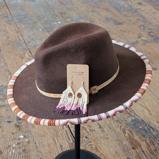 Copper & Pink Beaded Wool Wide Brimmed Brown Hat & Earring Set
