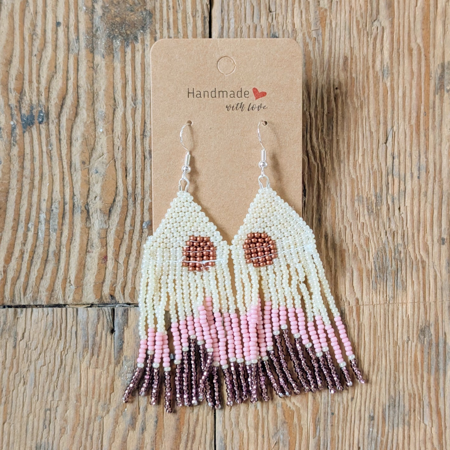 Copper & Pink Beaded Wool Wide Brimmed Brown Hat & Earring Set