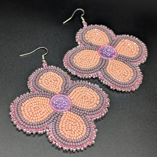 Lilac & Blush Pink Beaded Flower Earrings with Gold Glitter Detail