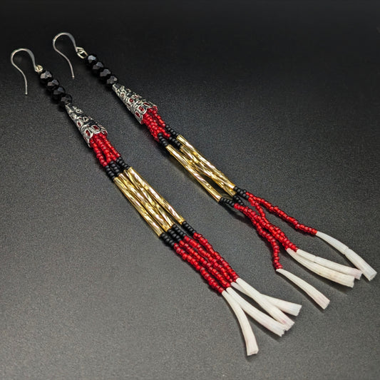 Black Red & Gold Beaded Earrings with Dentalium Shell Fringe Drops