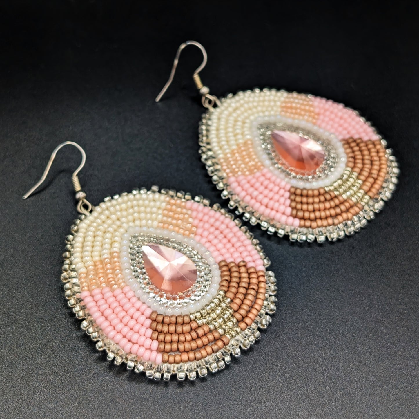 Baby Pink & Earthy Pastel Teardrop Beaded Earrings with Silver Glitter Detail