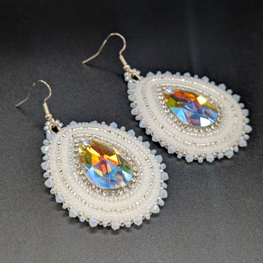 Milk Bone White Matte Beaded Droplet Earrings with Iridescent Crystals
