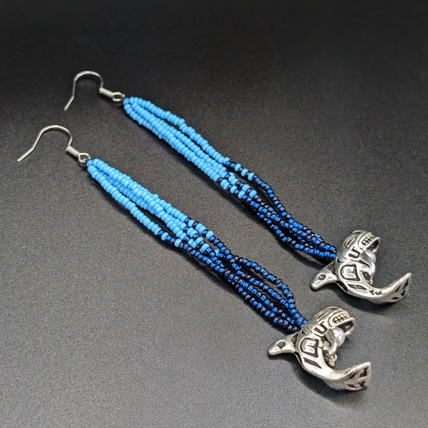 Ocean Deep Beaded Fringe Earrings with Dangling Silver Orca Pendants