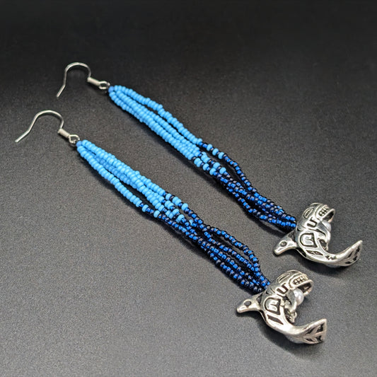 Ocean Deep Beaded Fringe Earrings with Dangling Silver Orca Pendants