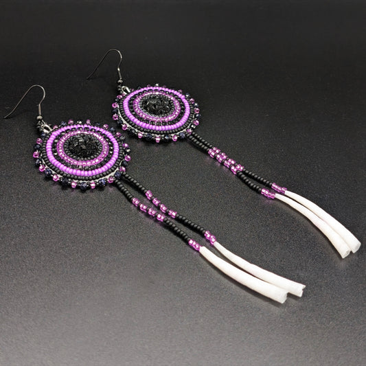 Gothic Black & Purple Fringe Beaded Earrings with Dentalium Shell Fringe Drops