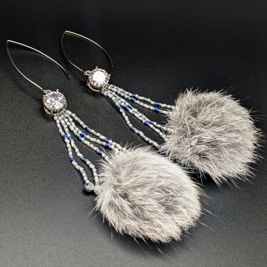 Crystal Gem Droplet Fringe Earrings with Beaded Stripes & Natural Rabbit Fur