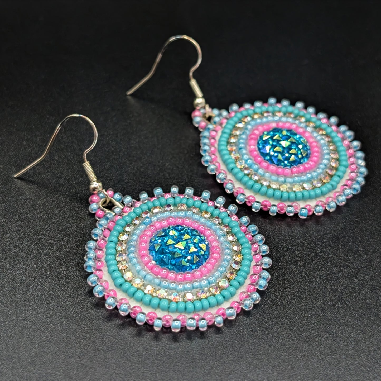 Vaporwave Beaded Dangling Pendant Earrings with Iridescent Dark Teal Cabochons