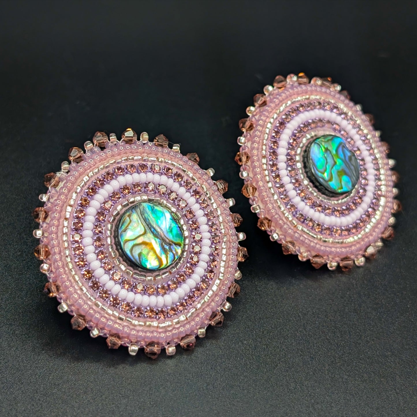 Glittering Dusty Pink Beaded Stud Earrings with Abalone & Rhinestones