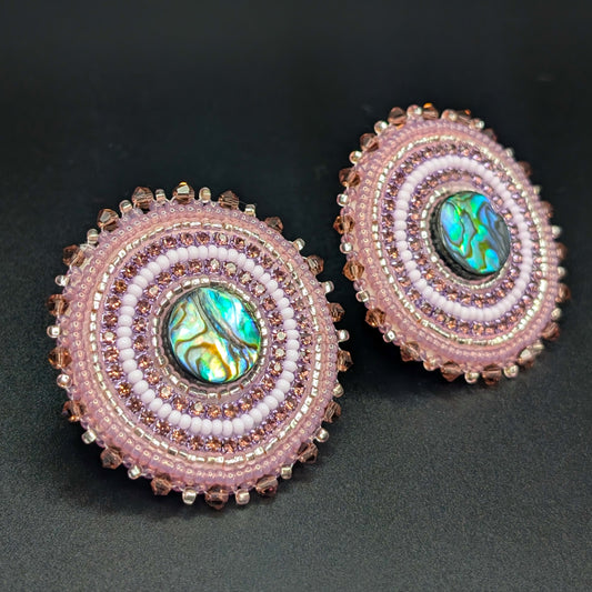 Glittering Dusty Pink Beaded Stud Earrings with Abalone & Rhinestones