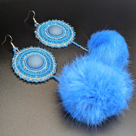 "Blue Raspberry Glam" Glitter Beaded Dangling Earrings with Rabbit Fur