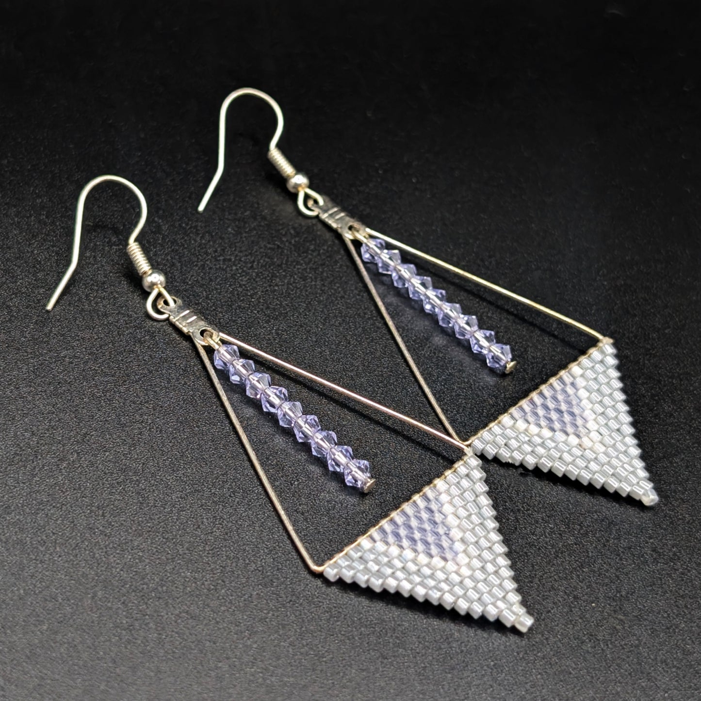 Lavender & Silver Geometric Beaded Dangling Earrings with Crystal Drops