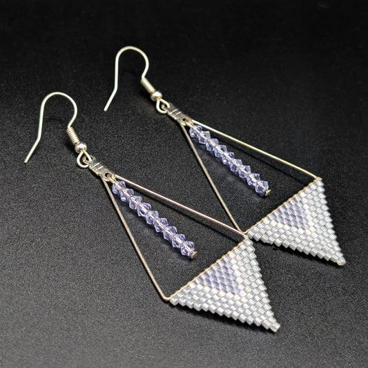 Lavender & Silver Geometric Beaded Dangling Earrings with Crystal Drops