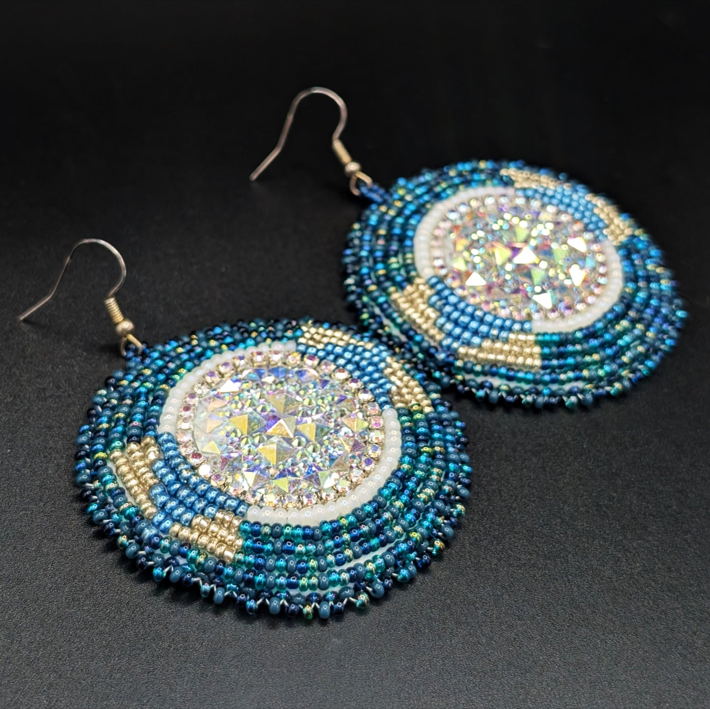 Dark Teal & Silver Beaded Teardrop Dangling Beaded Earrings with Iridescent Cabochon