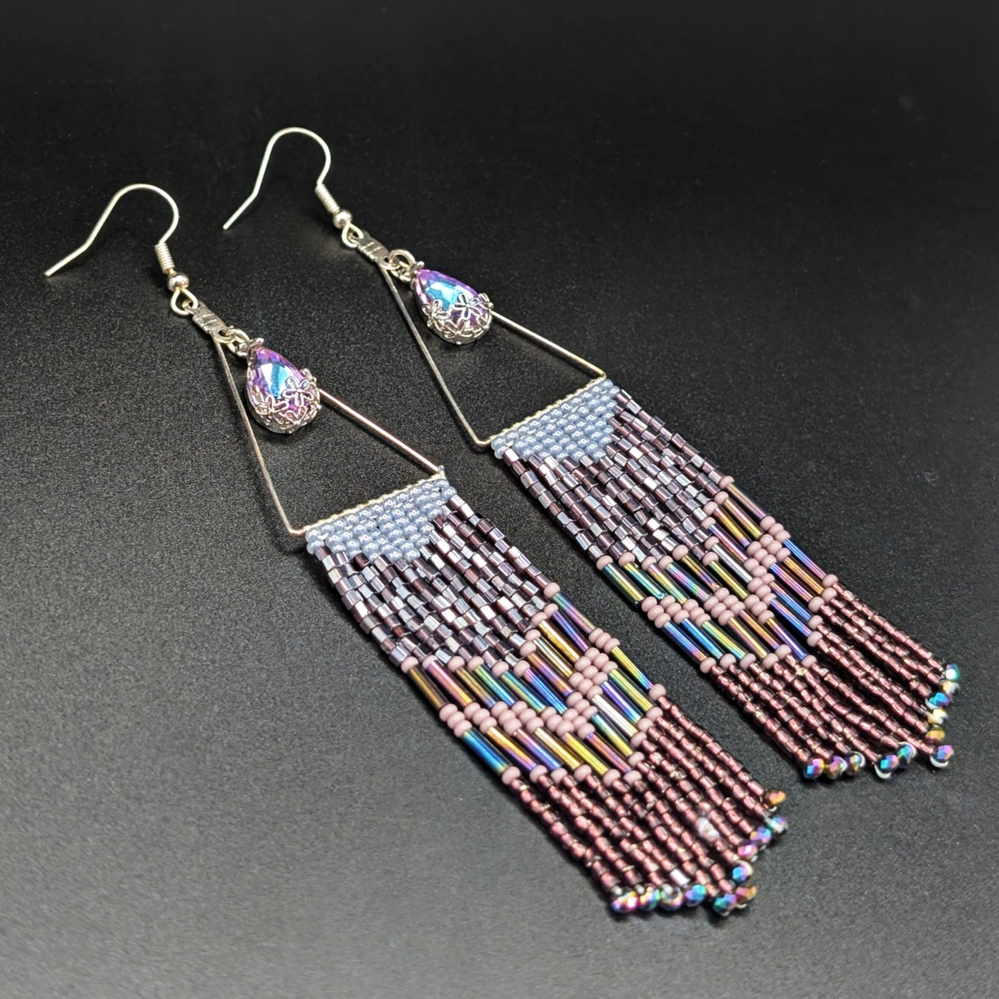Deep Lilac & Mauve Geometric Beaded Dangling Earrings with Crystal Drops