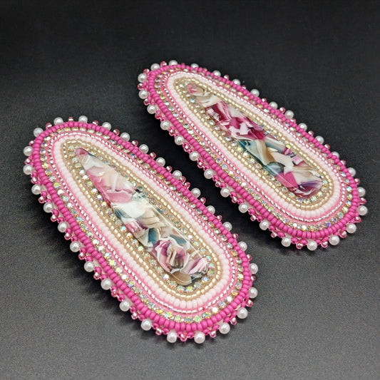 Floral Fuchsia Glitter Drop Oblong Stud Earrings with Pearl Details