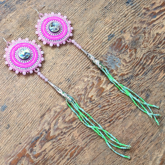 Glittering Fuschia & Rose Quartz Beaded Earrings with Abalone & Neon Green Dangling Fringe