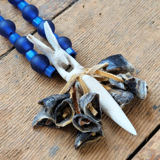 Carved Deer Antler Necklace with Deer Hooves & Glass Beads