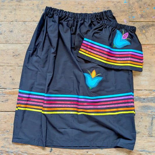 Black Mama & Baby Ribbon Skirts with Metis Tulip Patches & Rainbow Ribbons