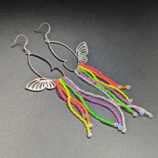 Silver Butterfly Earrings with Dangling Neon Beaded Fringe