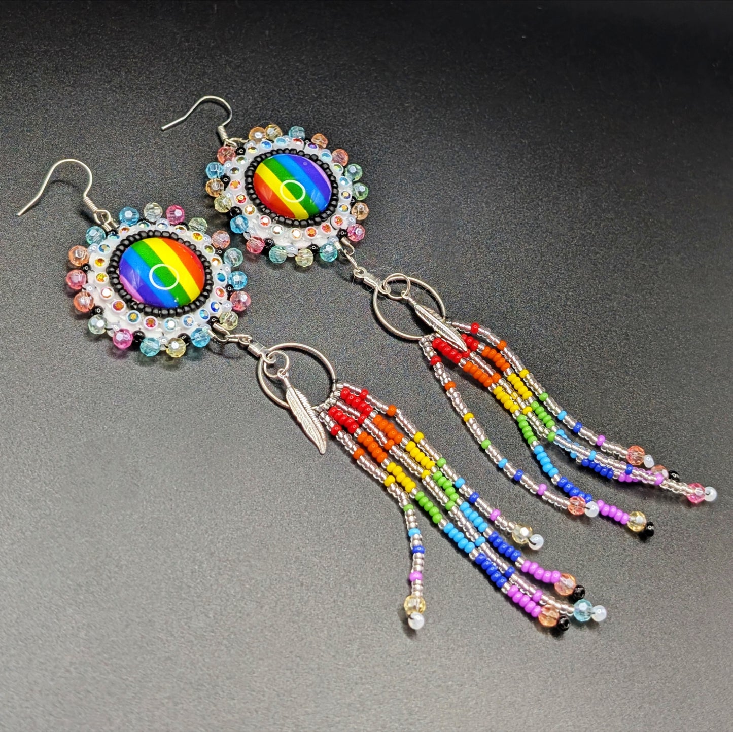 Tiered Beaded Rainbow Pride Earrings with Sterling Silver Feathers