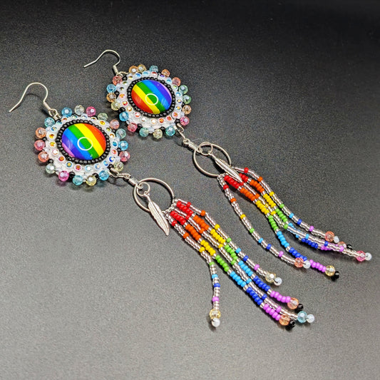 Tiered Beaded Rainbow Pride Earrings with Sterling Silver Feathers