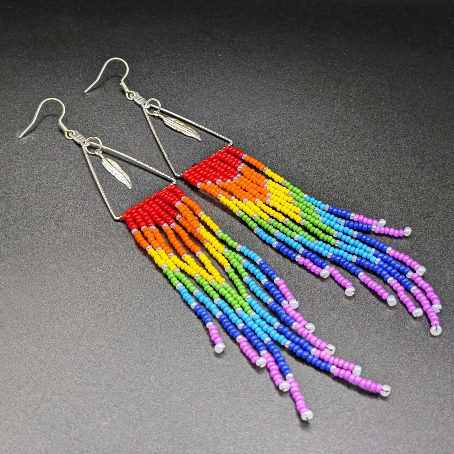 Silver Feather Dangling Rainbow Pride Fringe Earrings with Chevron Fringe