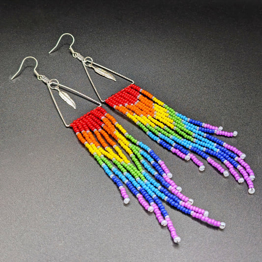 Silver Feather Dangling Rainbow Pride Fringe Earrings with Chevron Fringe