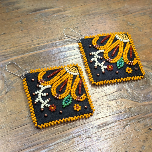 Orange Beaded Métis Floral Diamond Dangling Earrings | Earth & Wild
